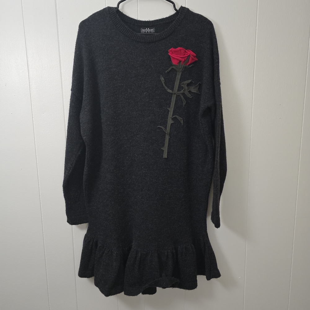 Muza Charcoal Long Sleeve Dress with Red Floral Accent